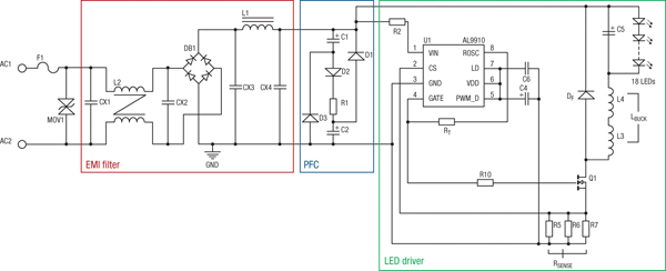 Electrical schematic of a high power factor 13 W LED lamp Electrical schematic